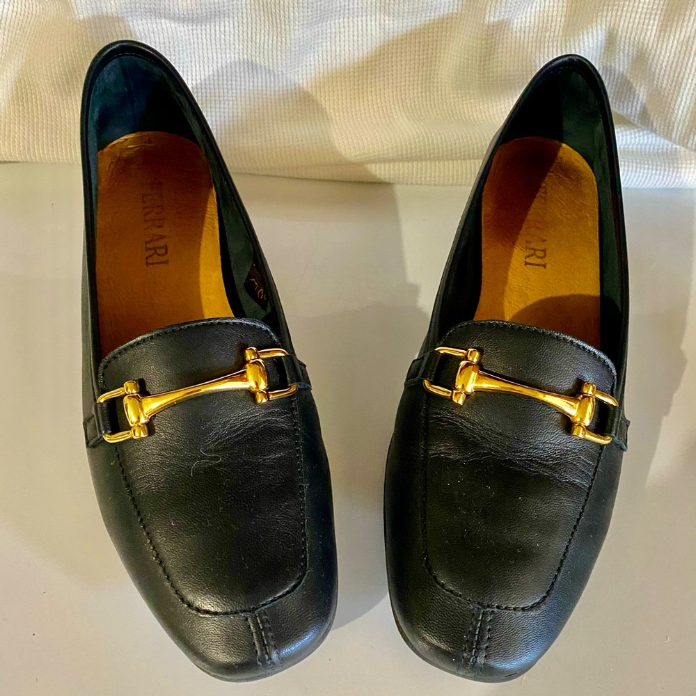 Black Leather Loafers with Gold Accent